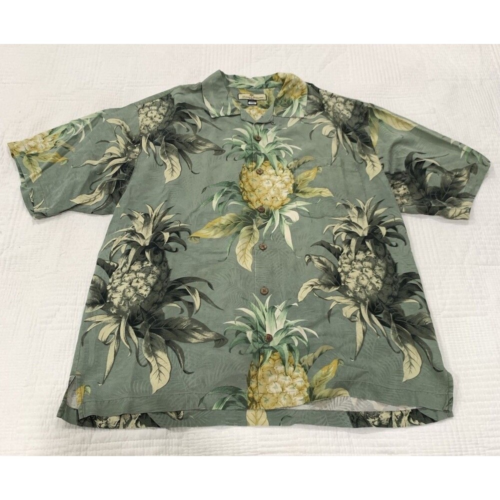 Tommy Bahama Silk Shirt Mens Large Green Pineapple Hawaiian Aloha Button Up